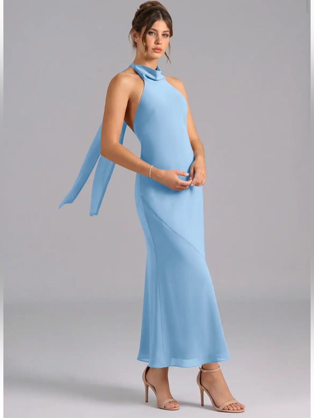 Azazie Velli Powder Blue Mermaid High Neck Chiffon Dress